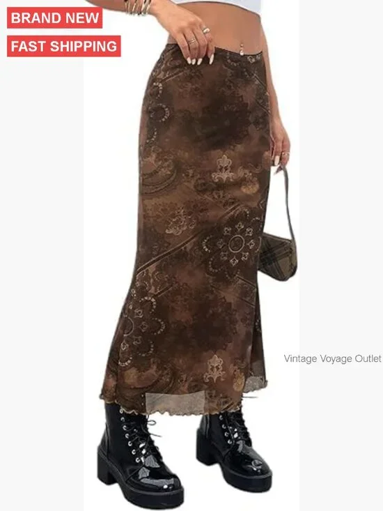 Midi Mesh Skirt with Floral Print, High Waisted Elastic, Lettuce Trim - Picture 5 of 7